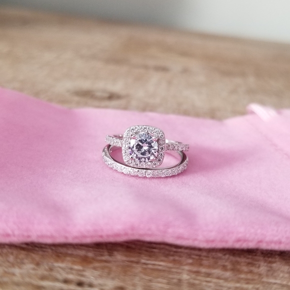 Sterling Silver Halo Simulated Diamond Ring Set - Picture 4 of 6